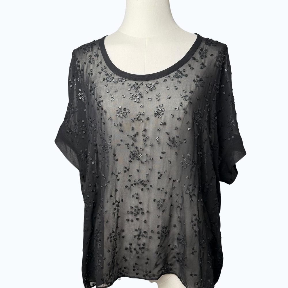 Eileen Fisher Blouse Womens PM Black Silk Sheer Sequin Tunic Dolman Party Top